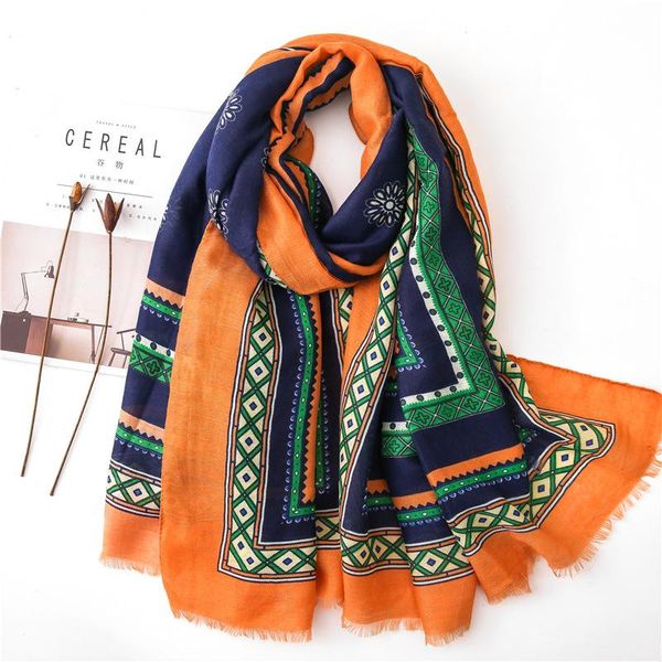

scarves 2021 spring and autumn national style printed cotton scarf women tourism holiday sunscreen silk fashion luxury shawl, Blue;gray