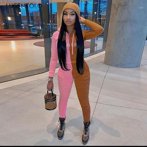 

women two piece set casual hooded sports stitching pleated letter long sleeve trousers female two-piece set lugentolo1, Gray