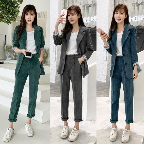 

spring and autumn elegant women's pantsuit 2021 chic fashion green corduroy office suit 2 piece set casual blazer female suits1, White
