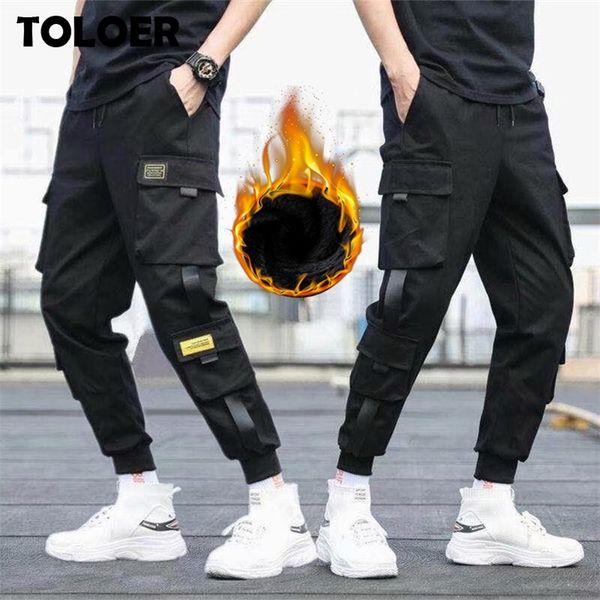 

multi-pocket harem pants men elastic waist hip hop warm streetwear punk casual trousers joggers male winter fleece pants 201218, Black