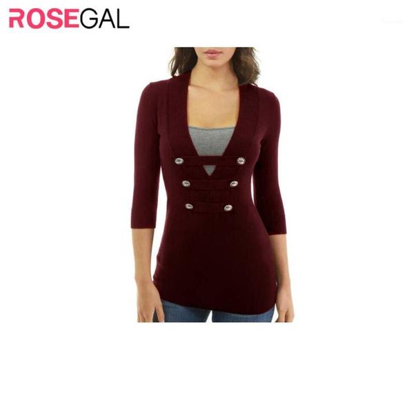 

rosegal autumn women mock button contrast three quarter sleeves knitwear v-neck patchwork button pullvoers colorblock knitwear1, White;black