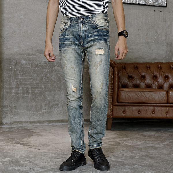 

2021 new italian style fashion slim fit ripped men patchwork vintage designer pants streetwear hip hop jeans negv, Blue