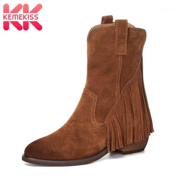 

boots kemekiss real leather women mid calf pointed toe tassels zipper shoes flock winter party footwear size 34-421, Black