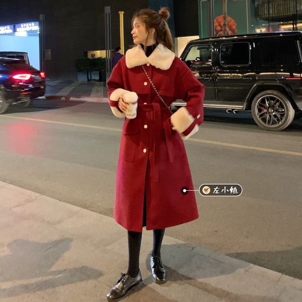 

winter 2020 new hepburn style waist closing middle length wool collar with cotton thickening red woolen coat, Black