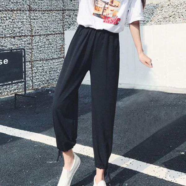 

fashion women pants solid elastic high waist harlan shiffon black pants autumn summer streetwear casual, Black;white