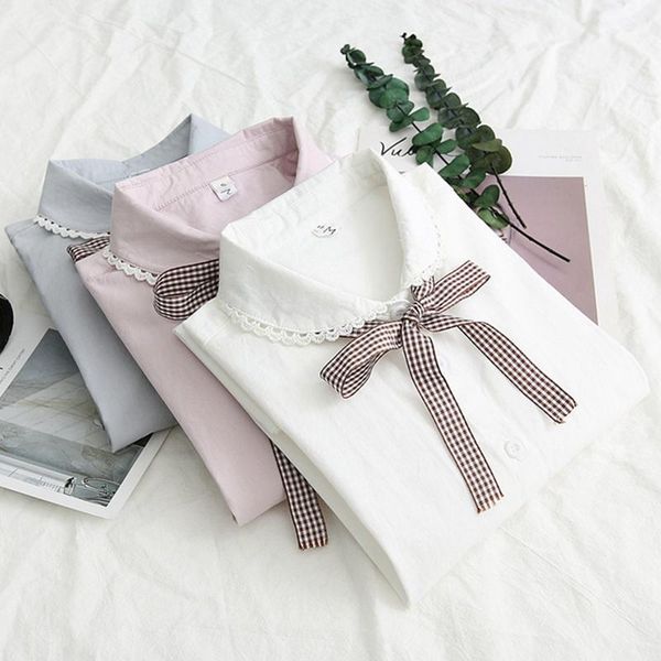 

весна и осень японский стиль небольшой свежий литературные кружева с длинными рукавами сплошной цвет женщин дикий плед tie дна рубашки, White