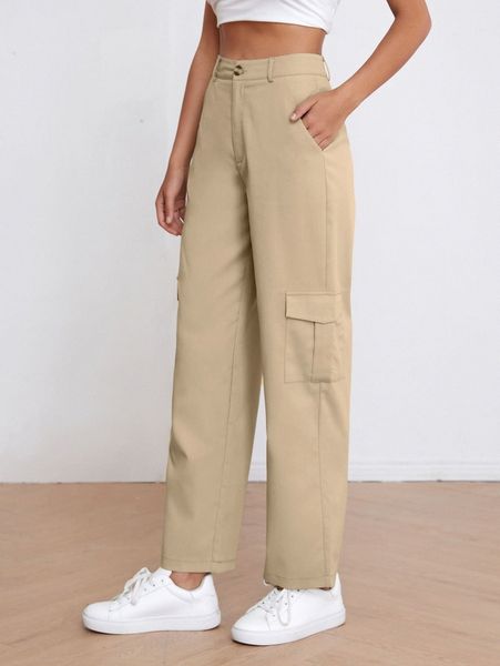 

high waist solid cargo pants r2h9#, Black;white