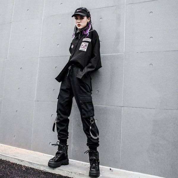 

2021 black cargo female breeches loose streetwear pencil cool fashion hip hop casual women's pants high-waisted webe, Black;white
