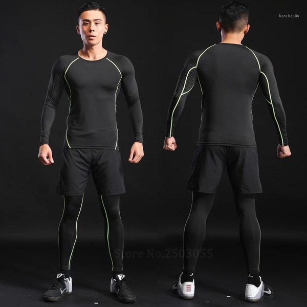 

running sets 3pcs compression tights tracksuit quick dry survetement men sports suit long sleeve shirt pant basketball soccer fitness clothe, Black;blue
