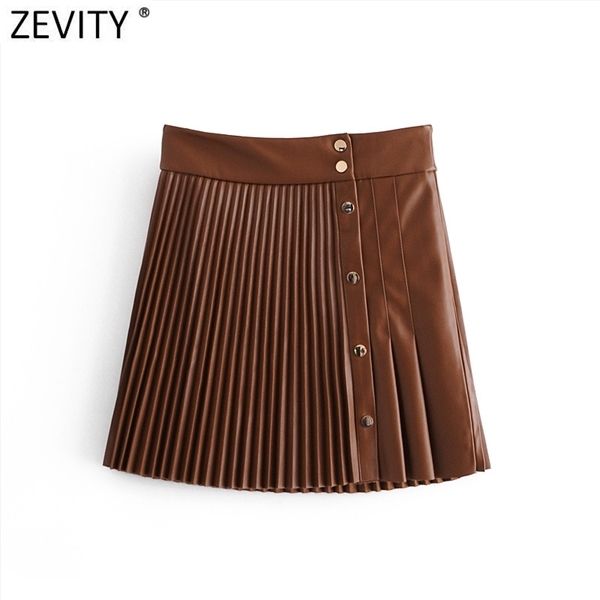 

zevity women vintage high waist pu leather pleated mini skirt faldas mujer ladies front buttons casual brand chic skirts qun689 q1217, Black