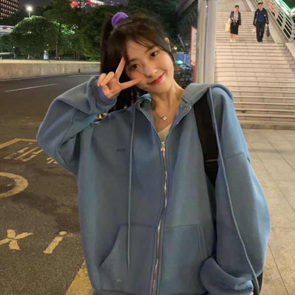 

paris girl zip-up women korean style hoodies vintage solid color long sleeve oversized hooded sweatshirt lady women large coats1, Black