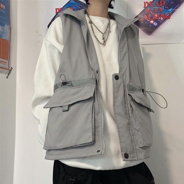 

winter thickened vest men's warm fashion solid color casual large pocket tooling vest men streetwear loose gilet jacket coat1, Black;white