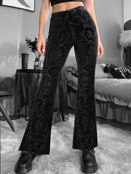 

high waist plants jacquard velvet flare leg pants r6ov#, Black;white