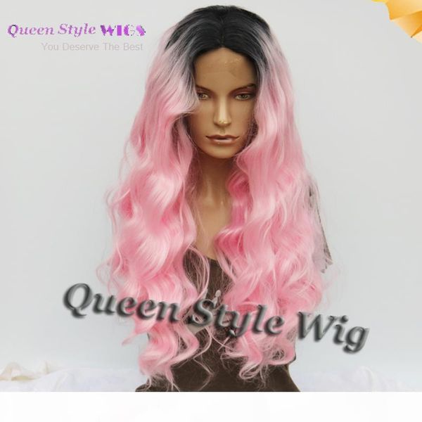

synthetic pink color shiny hair lace front wig black ombre baby pink loose body wave lace front wigs female full wigs