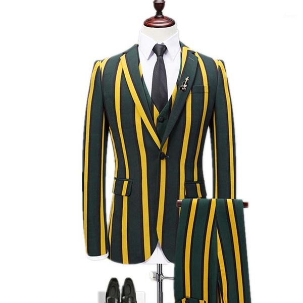 

men's vertical stripes slim 3 pieces jacket pants vest suit / male fashion british style blazers coat trousers waistcoat set1, White;black