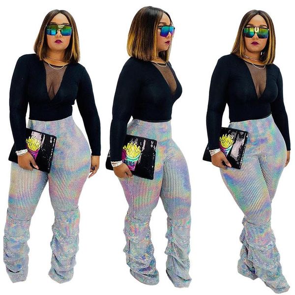 

women's pants & capris gothic glitter sequin women high waist pleated flare bell bottom ladies shiny party long trousers pantalones muj, Black;white
