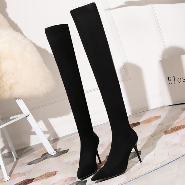 

boots 2021 knee sock women yarn elastic over the9cm high heel winter stretch fabric long lady thigh stripper fetish shoes1, Black