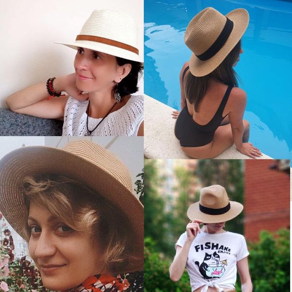

летний унисекс соломенные шляпы широкий breim пляж женщины мужчины панама шляпа сплошной цвет бежевый хаки уф защитная крышка, Blue;gray
