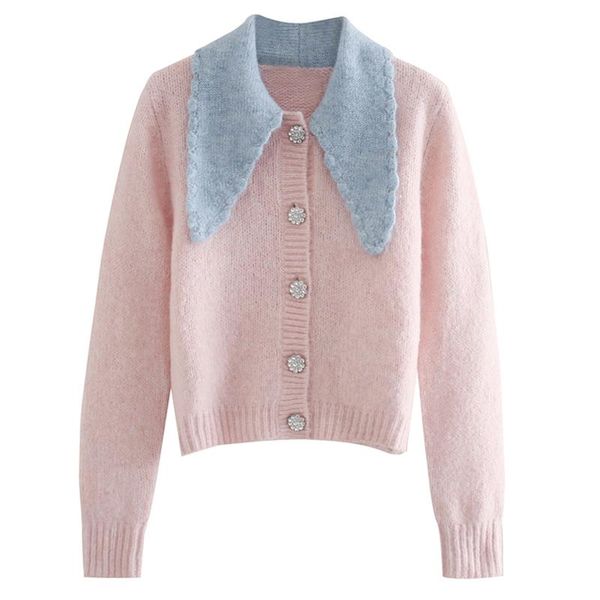 

women's knits & tees collar sweaters women fashion sweet patchwork sweater elegant jewelry buttons female ladies iu, White