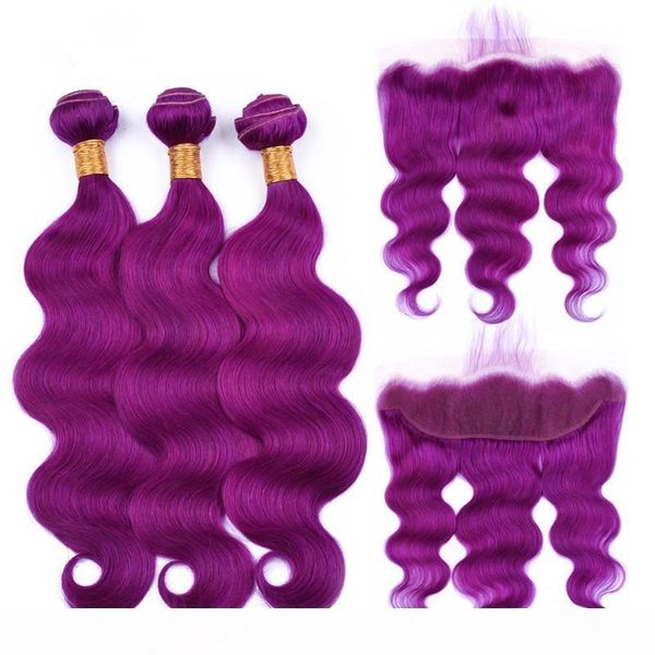 

body wave human virgin brazilian hair extension purple human hair bundles with 13*4 frontal for woman, Black;brown