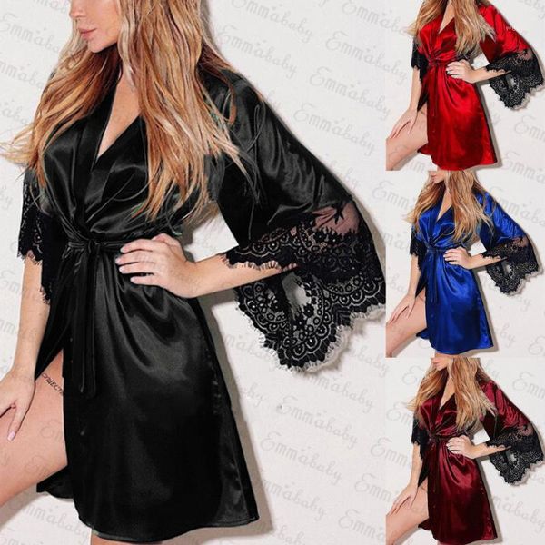 

2018 new style bride long women lace floral kimono robe satin silk night dressing gown solid robes summer1, Black;brown