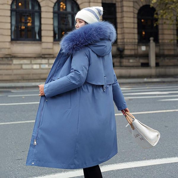 

plus size women winter x-long jacket slim korean style female parka hooded with fur collar solid wool liner casual thicken coats, Black