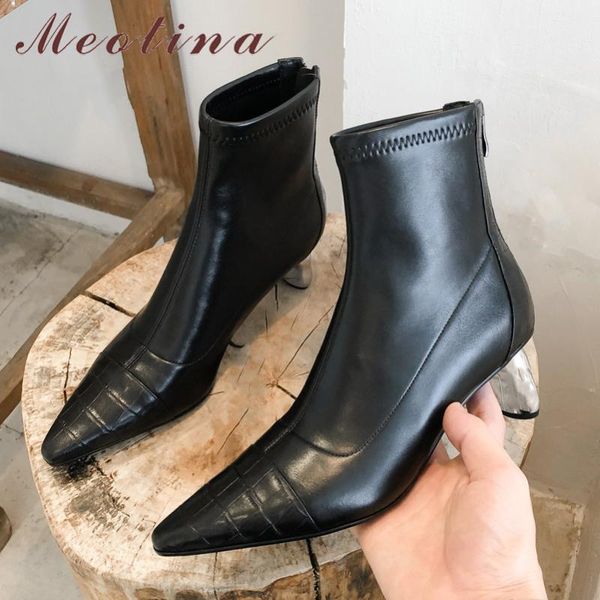 

meotina autumn ankle boots women natural genuine leather strange style heels short boots zip pointed toe shoes lady winter 34-39, Black