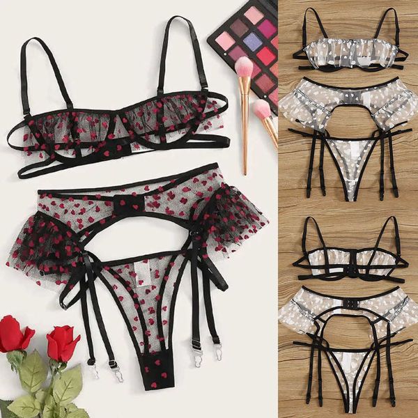 

thong women set underwear female hollow spots exquisite lace lingerie bra+garter+briefs sleepwear women's swimwear 2021, White;black