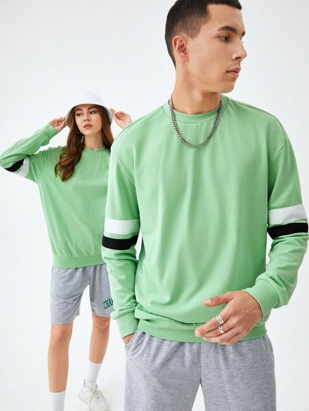 

1pc contrast panel drop shoulder pullover 09u4#, Black