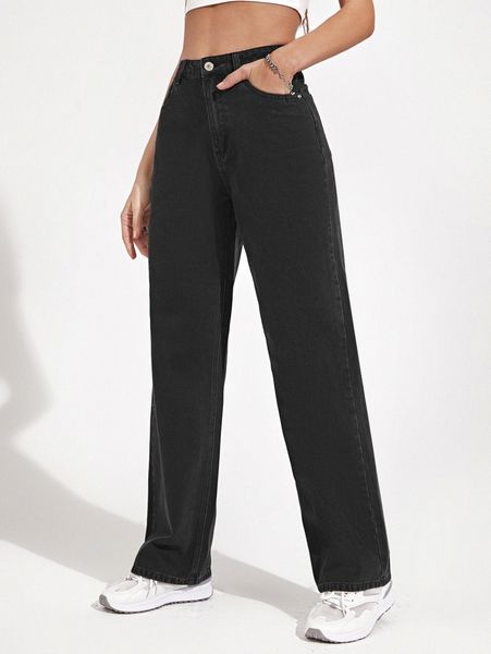 

high waist slant pocket straight jeans 56yh#, Blue