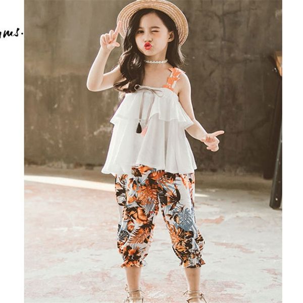

summer clothes for girls solid vest + floral pants 2pcs costumes for girls teenage kids girls clothes set 6 8 10 12 13 14 year y200325, White