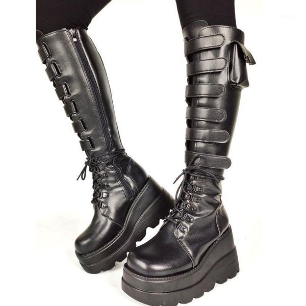

2021 new fashion brand design knee high boots with packet zip platform wedges heels shoelace large size 43 non-slip1, Black