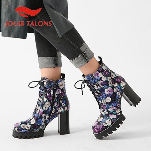 

jouir talons drop shipping women's trendy shoes flower round toe thick high heels ankle boots zip mixed color big size 42, Black