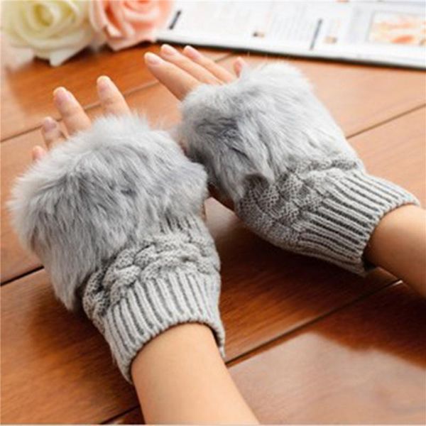 

winter women gloves sweet plush knitting quality warm fashion short mitten fingerless half finger glove for female, Blue;gray