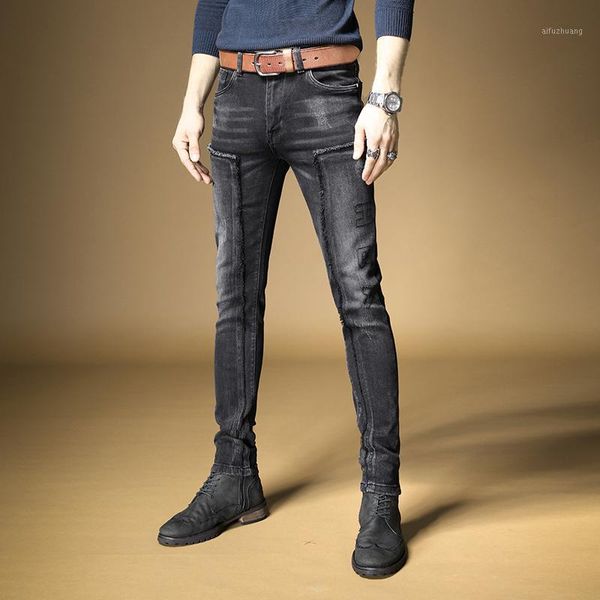 

new men's male denim jeans autumn and winter models black slim patch stitching trend korean winter pants trousers1, Blue