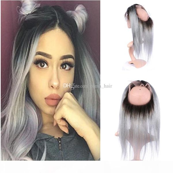 

dark root 1b grey ombre straight virgin human hair bundles with 360 silver grey ombre 360 full lace band frontal closure 1pc, Black;brown