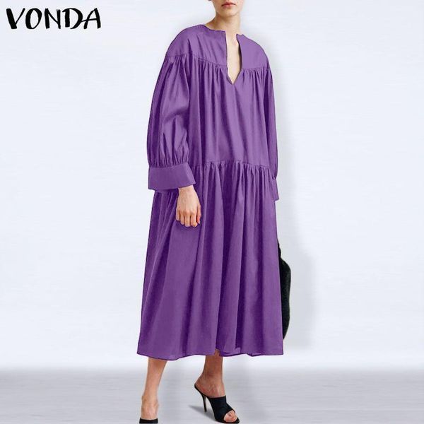 

plus size women fashion dress long sleeve v neck long dress vonda 2020 vintage solid pleated loose casual party vestido s-5xl1, Black;gray
