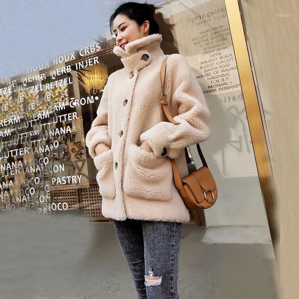 

women winter clothes natural real sheep wool jacket with button and thick genuine fur coat girl outwear ksr6831, Black