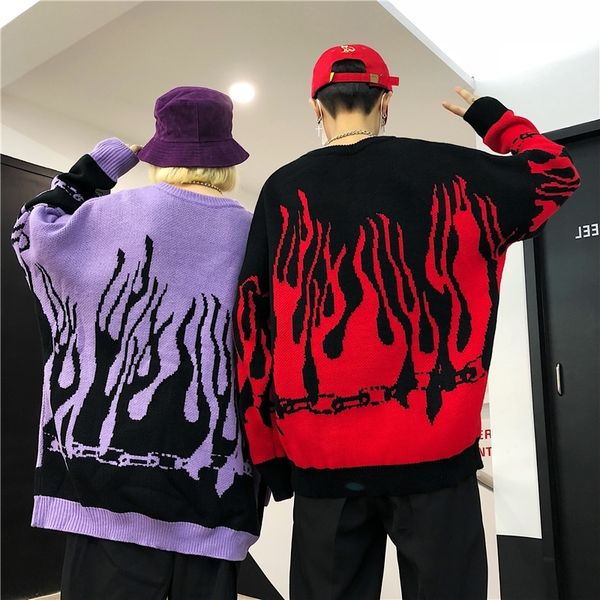 

woherb oversize sweater harajuku hip hop flame fire pullover autumn winter man women loose jumper fashion streetwear 201203, White;black