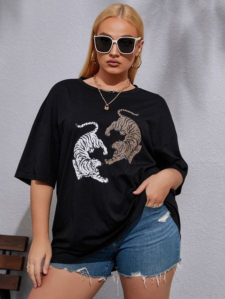 

plus tiger print drop shoulder tee s5jc#, Black