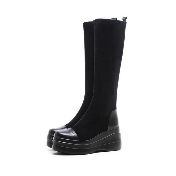 

rasmeup stretch women's knee high boots 2020 genuine leather fashion women long boots autumn round toe ladies platform shoes lj201130, Black