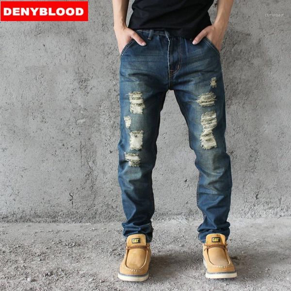 

men's jeans 2021 mens distressed ripped loose pants darked wash male hole baggy vintage denim cargo casual hc5121, Blue