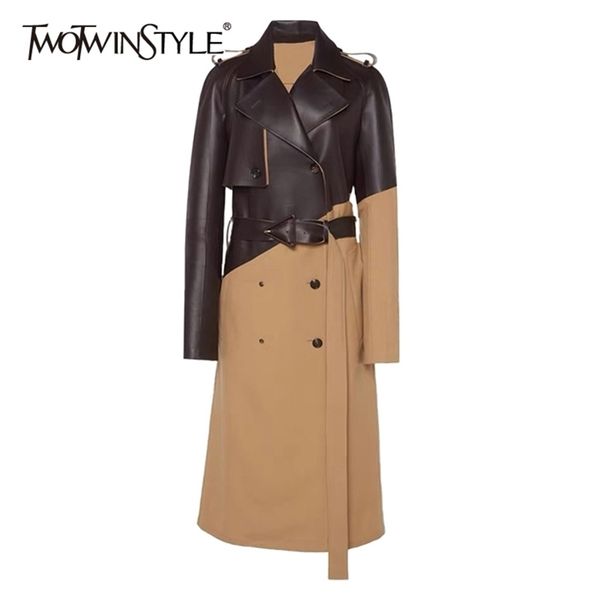 

twotwinstyle patchwork hit color windbreaker for women lapel long sleeve high waist sashes casual coat female fall fashion 201226, Tan;black