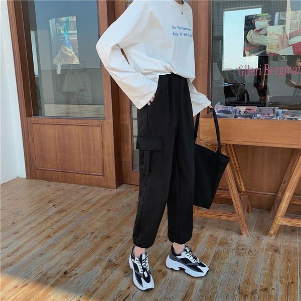 

solid new big pockets cargo women waist loose streetwear baggy trouser hip hop joggers pants, Black;white