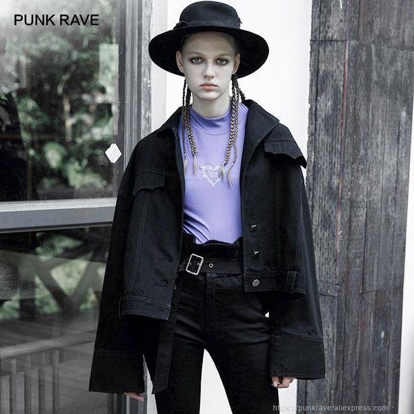

punk rave girl's double layered turn-down collar fitted denim jackets personality casual coats and jackets women, Black;brown