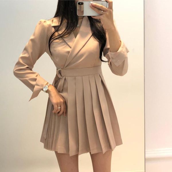 

autumn ladies solid elegant waist waist suit tie tie pleated long sleeve above knee dress women simple shirt dresses1, Black;gray