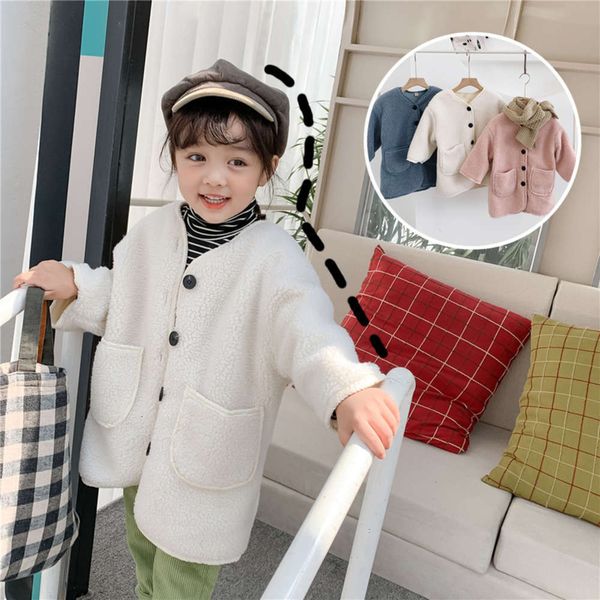 

children's korean clothing small medium 2019 winter lamb wool et with cashmere cardigan middle and long baby's round neck, Black