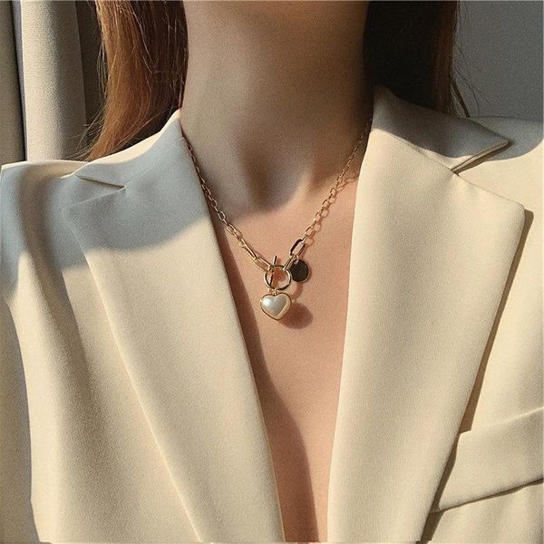 

pendant necklaces vintage white simulated pearl heart for women girl gold color linked chain geometric chokers necklace jewelry, Silver