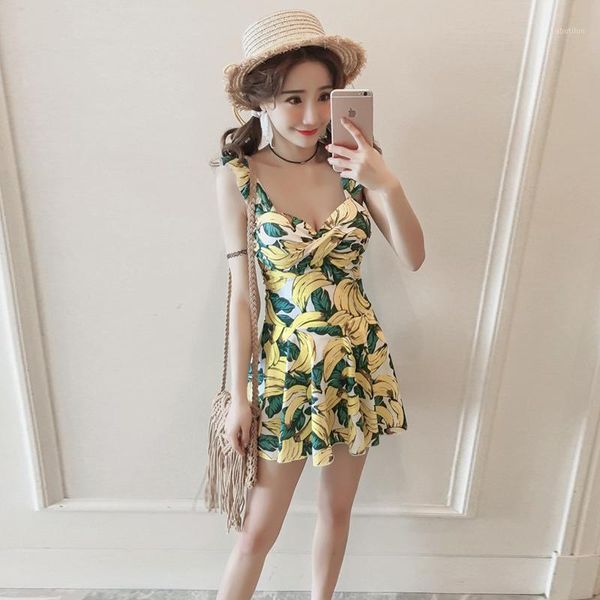 

women's swimwear banana printed flounce women one piece push up ruffle swimsuit skirt boxer bottom plus size swimming suit spring cloth, White;black