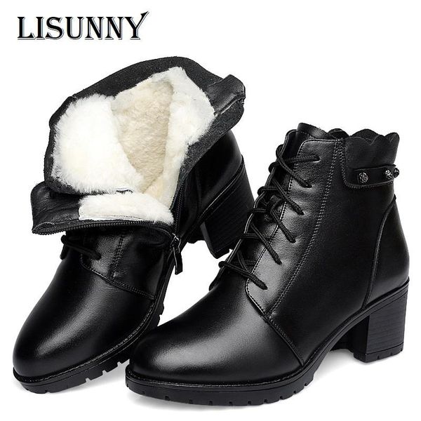 

2020 winter women wool boots fashion snow chaussures fur femme genuine leather high heel female cotton boot, Black